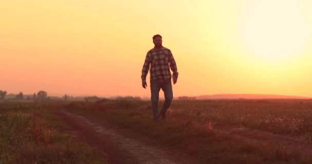Een Boer Loopt Bij Zonsondergang Een Leeg Veld Vergelijkt Gegevens — Stockvideo