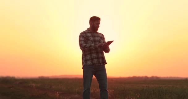 一个农民在日落时走过一片空旷的田野 在辛苦了一天之后 在平板电脑上比较数据 — 图库视频影像