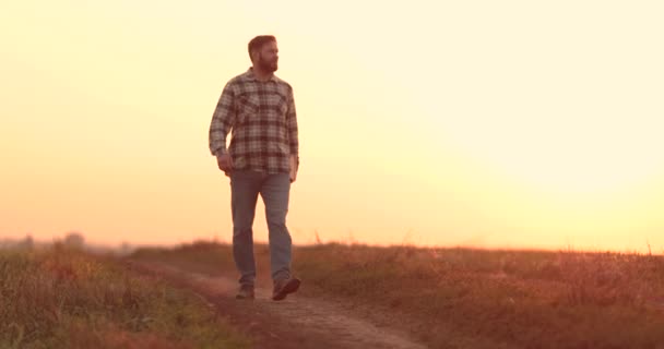 Farmer Walks Empty Field Sunset Compares Data Tablet Hard Day — Stock Video