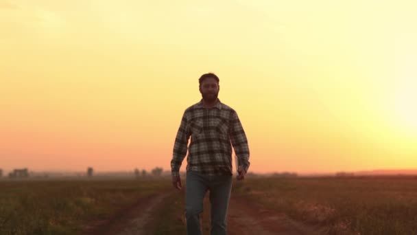 Bir Çiftçi Gün Batımında Boş Bir Arazide Yürür Zor Bir — Stok video