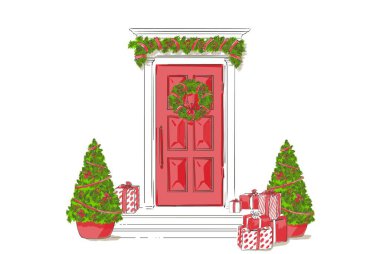 Kırmızı ön kapı, Noel ağaçları, hediyeler ve süslemeler. Klasik kapı, evin dış tarafı. Çizgi el izole giriş çizimi