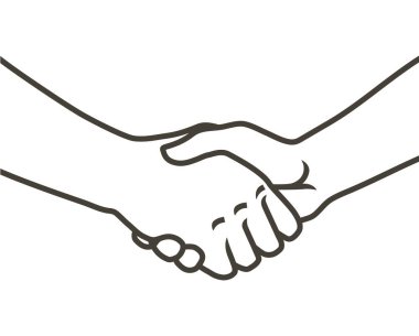 Ortak tokalaşması. İki el tokalaşıyor. Sözleşme anlaşmasının el ele tutuşması, dostluk. Logo simgesi işareti. Vektör çizgisi çizimi