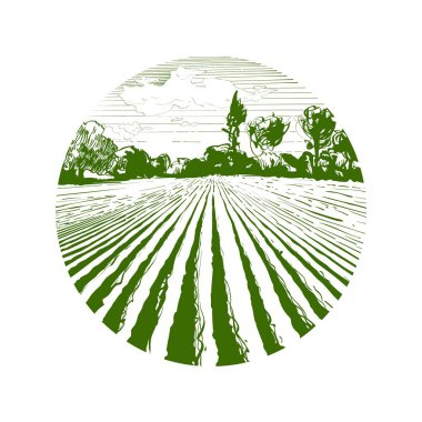 Farm field landscape. Circle round green landscape logo. Plowed furrows in preparation for crops planting. Rows of soil, rural countryside perspective horizon view. Vintage realistic engrav clipart