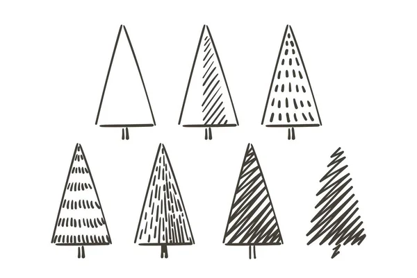 クリスマスの新年の木と引用 手描きのトウヒのセット 休日の背景と挨拶カード 抽象的なドアの描画森 トウヒ ベクトルスケッチシンプルな線イラスト — ストックベクタ