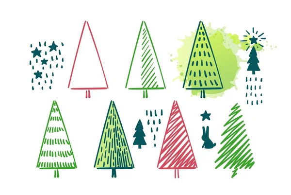 Boże Narodzenie Noworoczne Drzewa Cytat Ręcznie Rysowany Zestaw Świerków Wakacje — Wektor stockowy