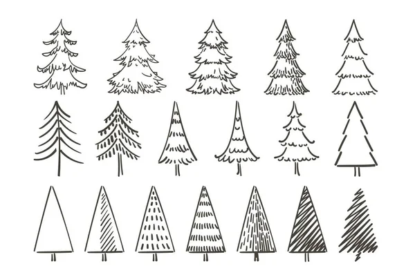 Christmas New Year Trees Quote Hand Drawn Set Spruce Holidays — Stock Vector