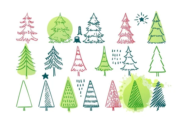 圣诞节圣诞树和报价 手工画的一套云杉 假期背景和问候卡 抽象涂鸦画的树林 矢量草图简单线条图解 — 图库矢量图片