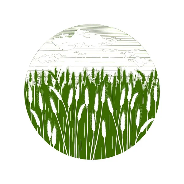 Buğday Tarlası Ağaçlar Bitkiler Panorama Yeşil Buğday Tepesi Manzara Logosu — Stok Vektör
