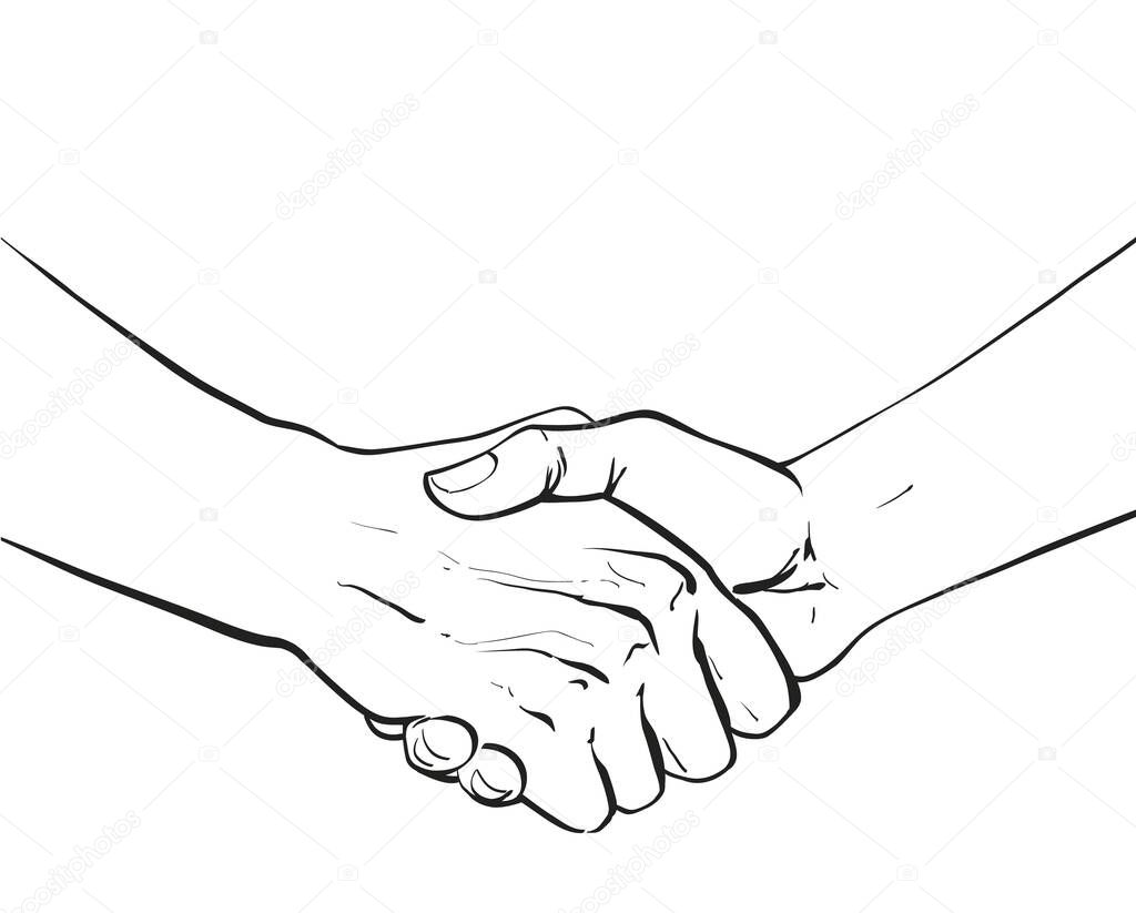 Partners handshake. Two hands shaking each other. Hands holding one another gesture of contract agreement, friendship. Logo icon sign. Vector line sketch illustration