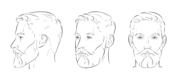 留着胡子的男人理发店修剪胡子嬉皮士式的发型 时髦的发型 一组人脸肖像从不同角度看前面 四分之三 矢量线说明 — 图库矢量图片
