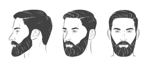 留着胡子的男人理发店修剪胡子嬉皮士式的发型 时髦的发型 一组人脸肖像从不同角度看前面 四分之三 矢量线说明 — 图库矢量图片