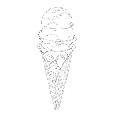 Vanilyalı, narenciyeli, çilekli, naneli, çikolatalı waffle külahlarında dondurma kepçeleri. Vektör gerçekçi çizgi çizimi