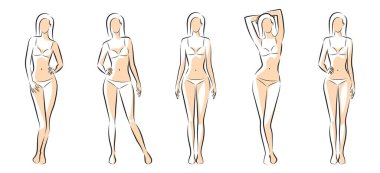 Kadın vücudu. Vektör tam boy kız portresi. Vücut pozitifliği olan bir kadın. Farklı poz figürleri. Moda silueti tasviri