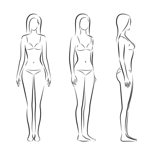 Woman body. Full-length standing portrait. Set of body-positive female. Five angles figure front, 3 of 4, side views shape. Vector fashion silhouette outline line illustration