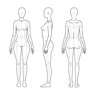 Kadın vücudu moda tasarımı, teknik çizim şekli. Tam boy ayakta duruş şekli farklı pozlar öne, yana ve arkaya doğru. Vektör çizim çizimi çizimi