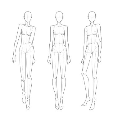 Kadın moda figürü şablonları. Tam boy ayakta farklı pozlar öne, yana ve arkaya doğru kadın vücudu. Teknik çizim şekli. Vektör çizim çizimi yazdırılabilir illüstrasyon