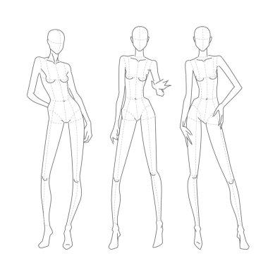 Kadın moda figürü şablonları. Tam boy ayakta farklı pozlar öne, yana ve arkaya doğru kadın vücudu. Teknik çizim şekli. Vektör çizim çizimi yazdırılabilir illüstrasyon