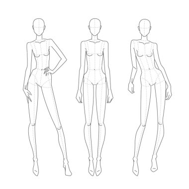Kadın moda figürü şablonları. Tam boy ayakta farklı pozlar öne, yana ve arkaya doğru kadın vücudu. Teknik çizim şekli. Vektör çizim çizimi yazdırılabilir illüstrasyon