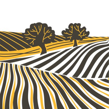 Küçük tepelerdeki yeşil çim tarlası. Çayır, alkali, kül suyu, çayır, kulplu, lea, otlak, çiftlik. Kırsal manzara manzarası kırsal çayırların manzarası. Vektör çizim çizimi çizimi