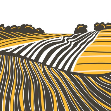 Küçük tepelerdeki yeşil çim tarlası. Çayır, alkali, kül suyu, çayır, kulplu, lea, otlak, çiftlik. Kırsal manzara manzarası kırsal çayırların manzarası. Vektör çizim çizimi çizimi