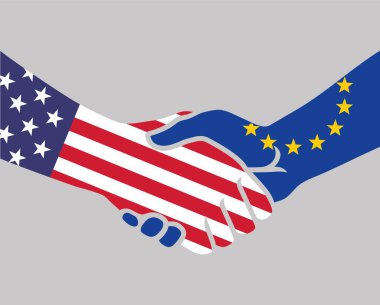 Avrupa Birliği ve ABD ilişkileri, işbirliği vektörü kavramı. İlişkiler, destek, devletler askeri ve politik birlik. ABD ve AB bayraklarıyla el sıkışıyoruz. Vektör simgesi illüstrasyonu