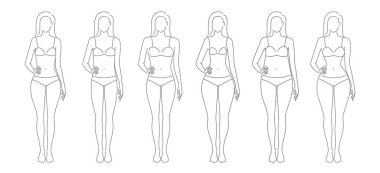 Beş tip kadın vücudu kum saati, armut, dikdörtgen, elma ve ters üçgen şekillendirir. Moda, güzellik, giysi ve spor için kadın figürleri. Vektör çizgisi çizimi