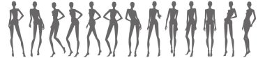 Kadın moda silueti kalıpları. Tam boy ayakta farklı pozlar öne, yana, arkaya kadın vücut tasarımı. Teknik çizim şekli. Vektör çizim çizimi yazdırılabilir illüstrasyon