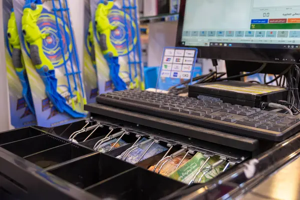 cashier drawer full of cash with nobody