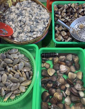 Deniz ürünleri pazarında taze istiridye, istiridye ve karpuz tohumları.