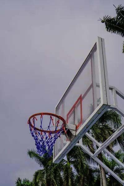 Close-up view of a basketball basket against a cloudy sky background.