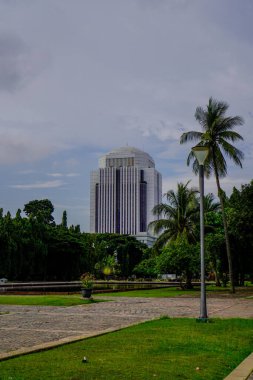 Arkasında güzel bir gökdelen olan ağaçlarla çevrili büyük bir bahçe..
