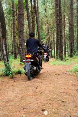 Jepara, Central Java, 17 Nisan 2024 - motorsiklet sürücüleri kayalık toprak yolda kauçuk bir ormandan geçiyorlar..