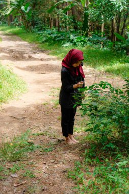 Tesettürlü Asyalı kadın fotokopi için arka planda çiçek topluyor..