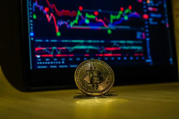 Boş kopya alanı olan bir grafik monitörü arka planında bidcoin 'in yakın plan görüntüsü.