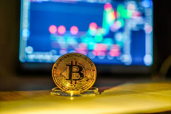Boş kopya alanı olan bir grafik monitörü arka planında bidcoin 'in yakın plan görüntüsü.