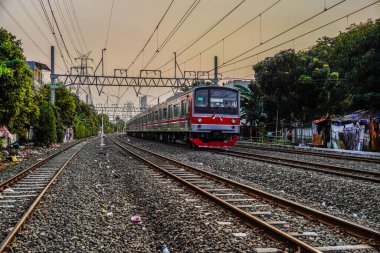 Modern elektrikli yolcu treni tren istasyonuna giriyor. Arka planda fotokopi boş rusng ile yaz manzarası.