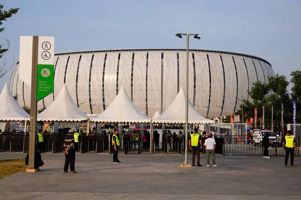 stock image Ancol North Jakarta, August 10, 2024, exterior view of the football stadium with coaches passing by to enter.