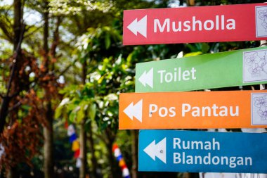 colorful directional signs with Indonesian text to get to the prayer room, toilet, monitoring post and blandongan house. clipart