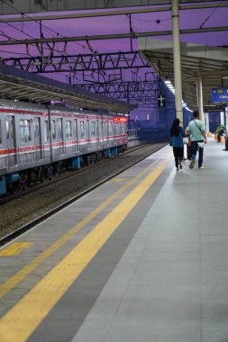 Elektrikli tren istasyonunda el ele tutuşan bir çift. Elektrikli trenden inen bir çift kavramı..