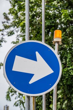Oklar, sağa dönüş yolunda trafik işaretleri olarak mavi renkte izole edilmiştir. Ağaçların arkasındaki trafik işaretleri kavramı.
