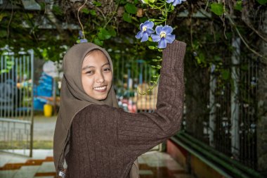 Tesettürdeki kadın elinde hala ağaçta asılı duran bir Madia çiçeği (thunbergia grandiflora) tutuyor.,