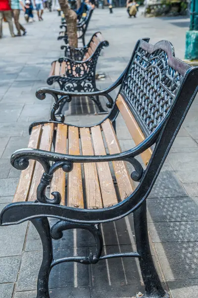 Park bankının görünüşü, uzun kollu bir bahçe tezgahı..