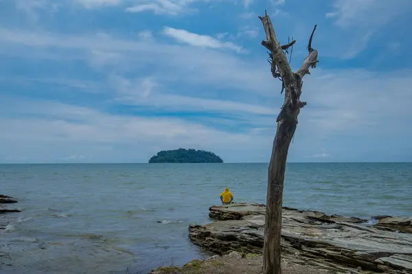 Adanın arka planında sarı renkli balıkçı balığı olan adamlar. Kuru ağaç gövdeleri ve adanın arka planıyla birlikte bir taşın üzerinde oturan sarı giysili adamlar..