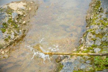 Büyük kayaların arasından akan tahta bir sopa suya çarpar ve su sıçratır. İki yosunlu kayaların arasından akan su manzarası ve ağaç dalları tarafından üretilen su damlaları.