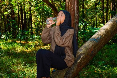 Asyalı Müslüman kadın ağaç gövdesinde oturmuş ormandaki bir şişeden su içiyor. Asyalı Müslüman kadın ormanda bir ağaç gövdesindeki şişede su içiyor..
