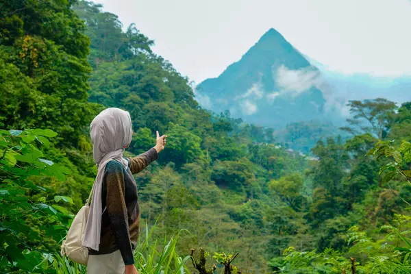 tesettürlü bir kadının yan görüntüsü dağlık bir manzaranın ortasındaki sis kaplı bir dağın zirvesini gösteriyor.