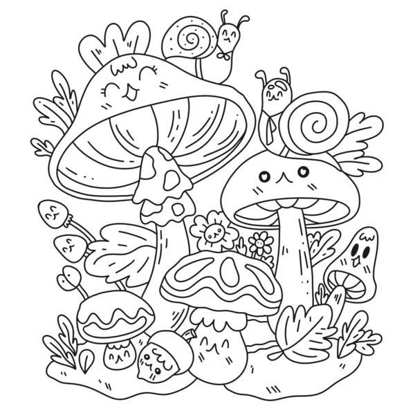 Página Coloração Kawaii Desenhada Mão Cogumelo Florestal — Vetor de Stock