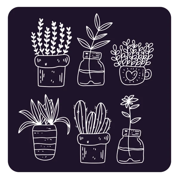 Ensemble Plantes Pot Dessin Main — Image vectorielle