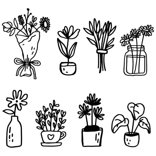 Desenho Plantas Linhas Flores Desenhadas Mão — Vetor de Stock