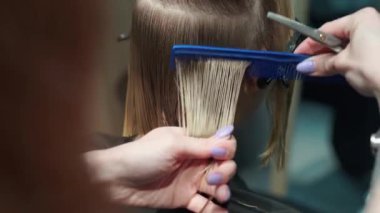 Kısa saçlı ve kısa saçlı güzel bir kız güzellik salonunda bir prosedür uyguluyor. Saç ustası müşterilere saç boyama ve tonu sunuyor. Yüksek kaliteli FullHD görüntüler